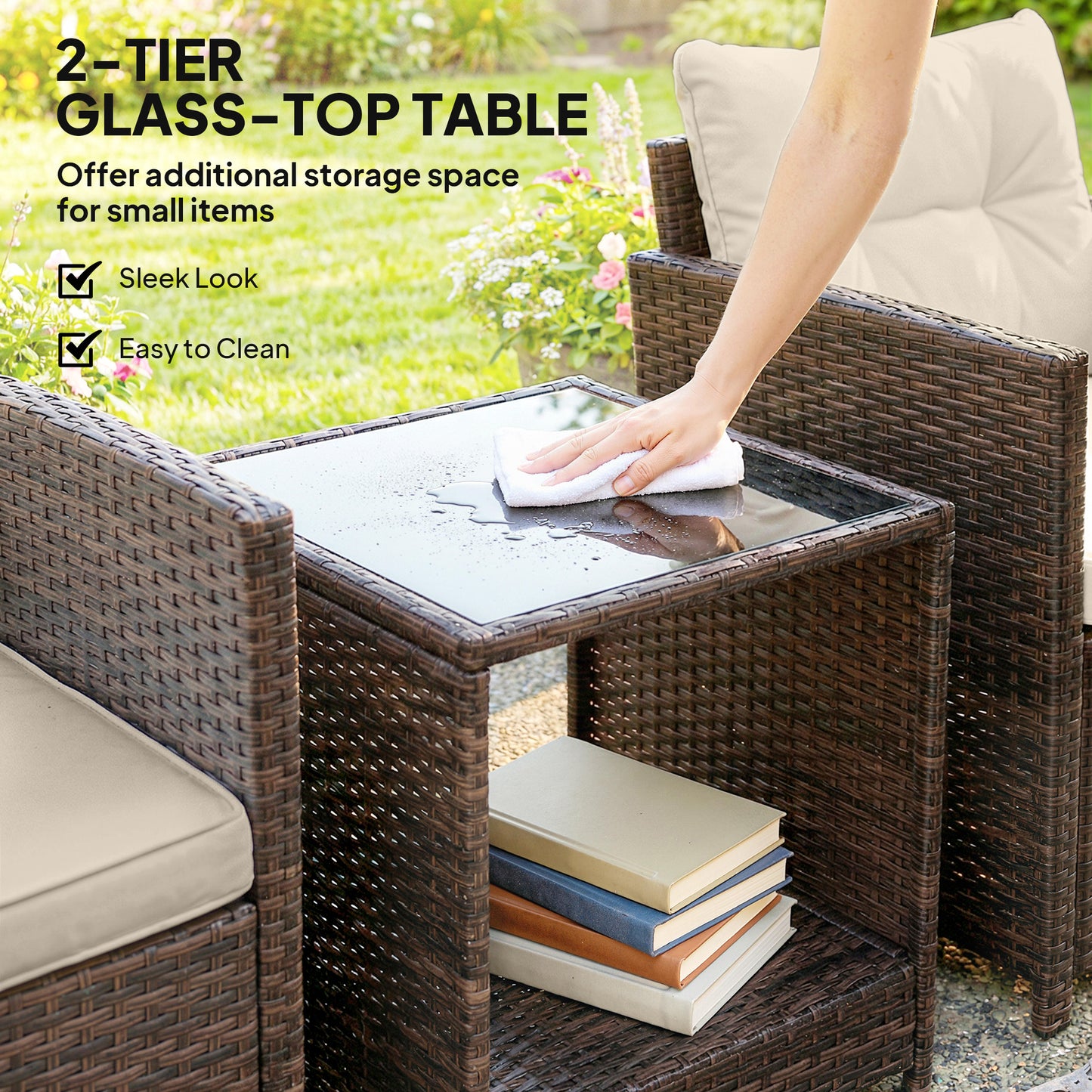 Outsunny Rattan Bistro Set, 3 Piece Garden Furniture Set with 2 Tier Glass Top Table, Mixed Brown