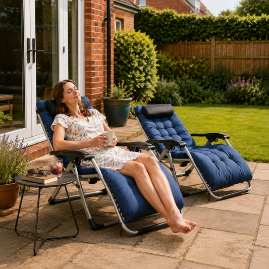 2pc Reclining Zero Gravity Sun Loungers ,Folding Chaise Lounge Chair with Cushions, Blue