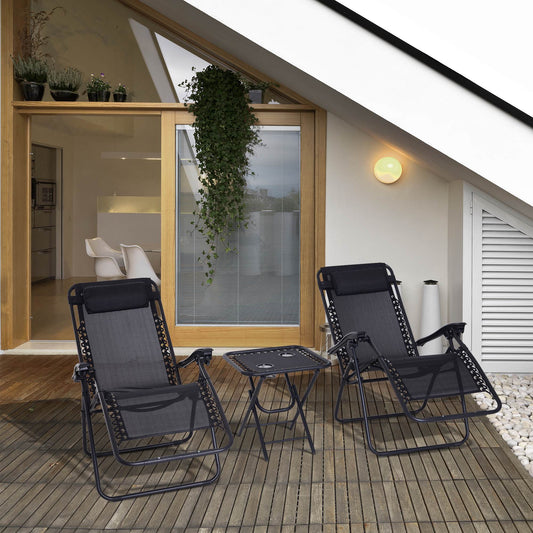 Folding Zero Gravity Chairs, 3 Pieces Adjustable Sun Lounger and Table Set with Cup Holder and Headrest, Patio Bistro Set with Reclining Garden