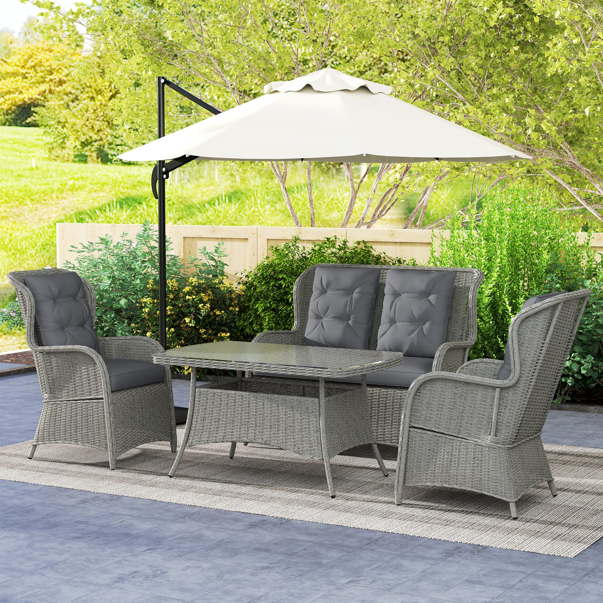 Verona Garden PE Rattan Dining Sofa Set, Outdoor 4 Seater Wicker Furniture, High Back Chairs with Cushions