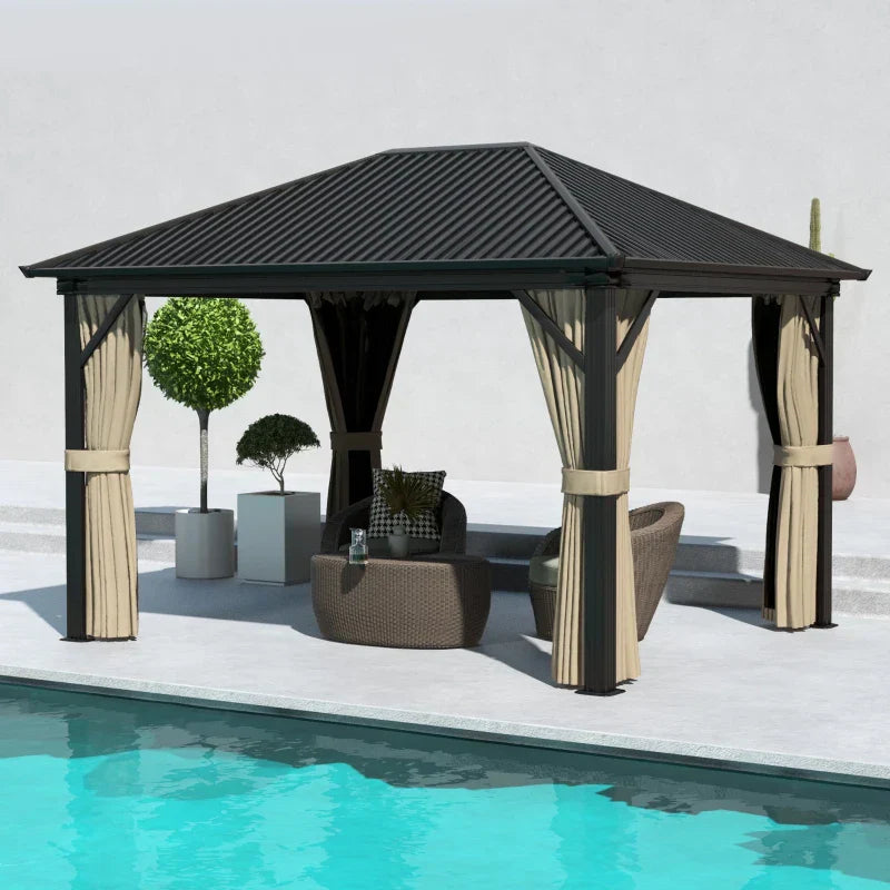 Brown 3.6m x 3m Aluminium Hardtop Gazebo - Durable Garden Shelter with Privacy Curtains