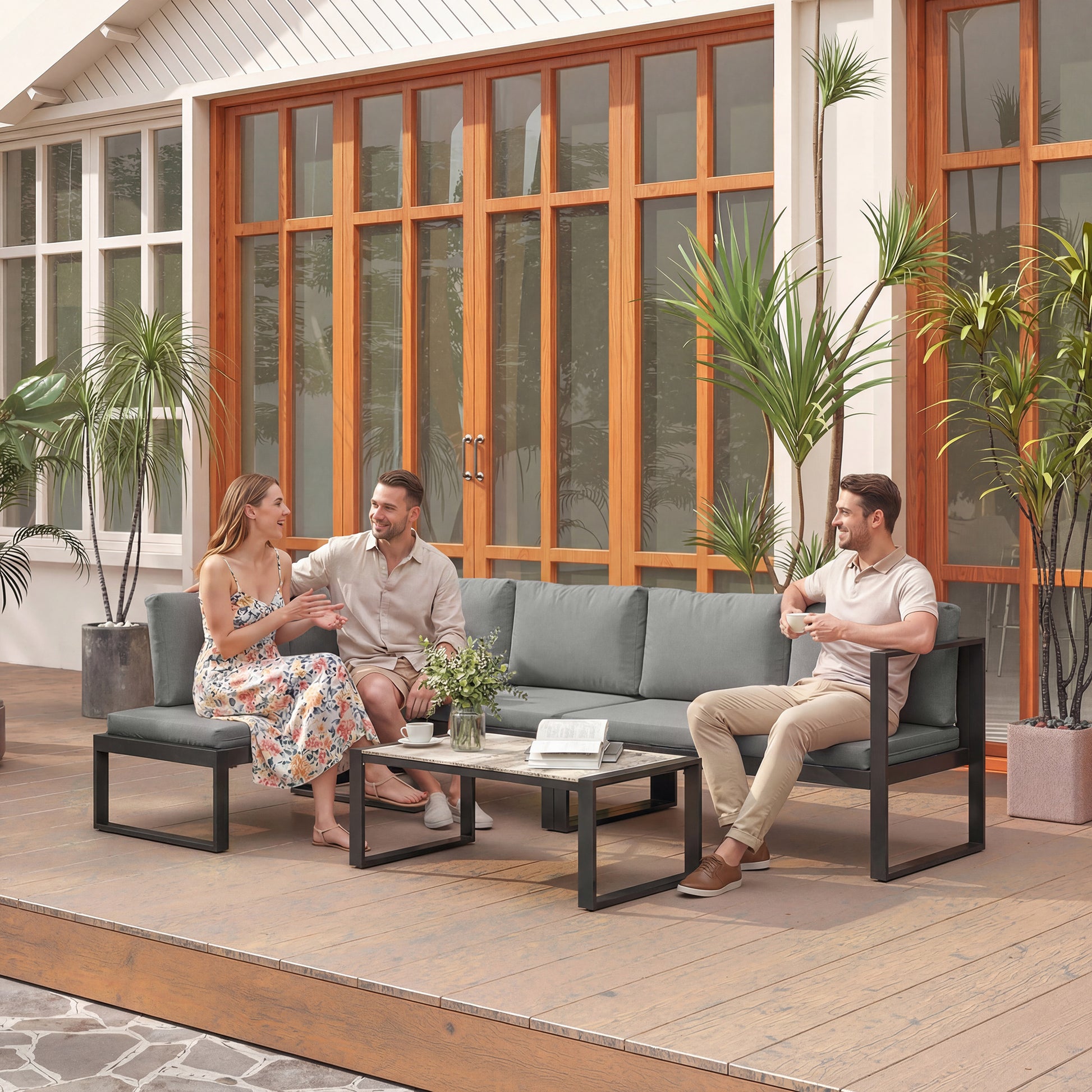 Marbella 4 Piece Garden Sofa Set with 2 Loveseats, Armless Chair, Coffee Table for Balcony, Dark Grey