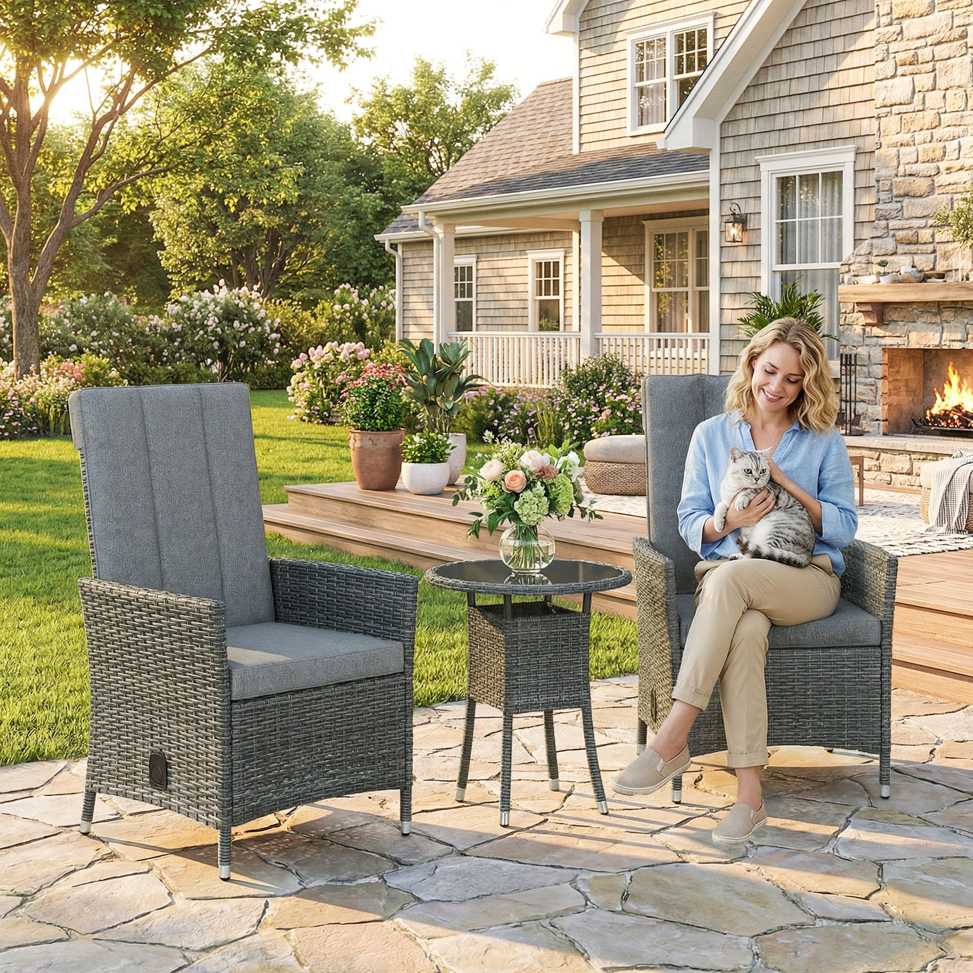 Mediterraneo Rattan Bistro Set, Reclining Garden Chairs and Glass Coffee Table with Cushions, Grey