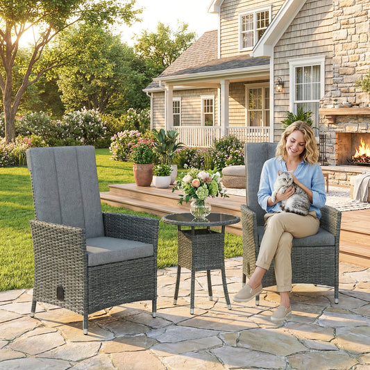 Mediterraneo Rattan Bistro Set, Reclining Garden Chairs and Glass Coffee Table with Cushions, Grey