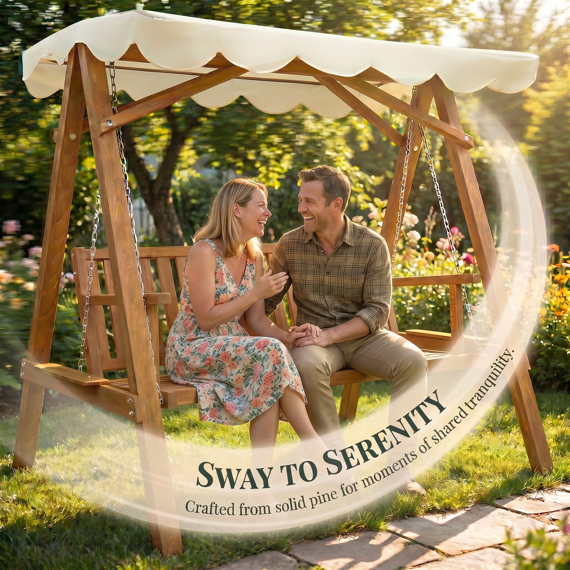 Outsunny 2 Seater Garden Swing Seat with Canopy, Wooden Swing Chair, Outdoor Hammock Bench for Balcony Patio Porch, Cream White