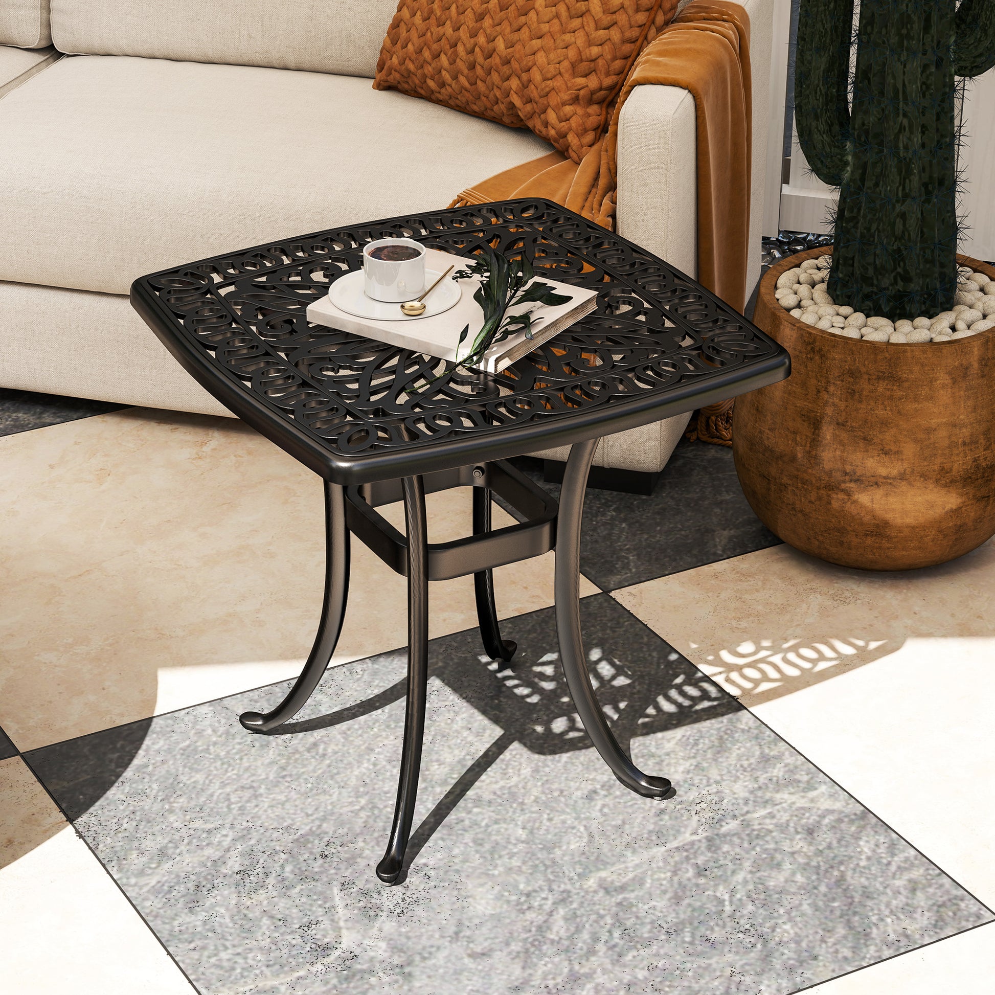 Riviera Garden Table, Cast Aluminium Patio End Table with Umbrella Hole and Anti-slip Foot Pads for Garden, Patio