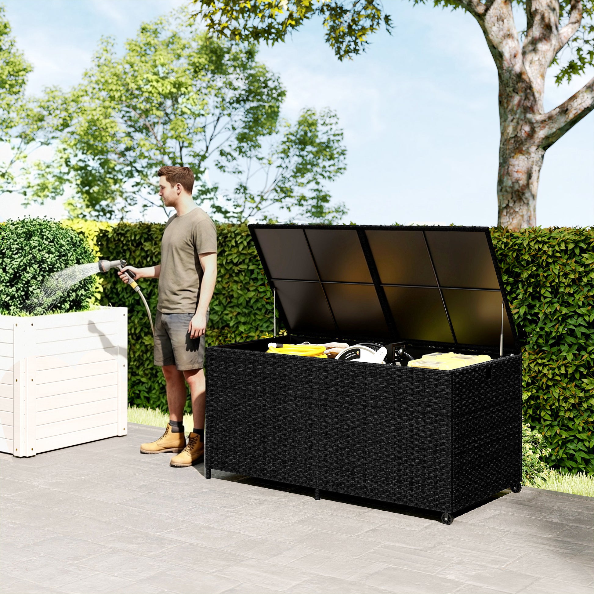Outsunny - 650L Rattan Garden Storage Box, with Wheels, Black