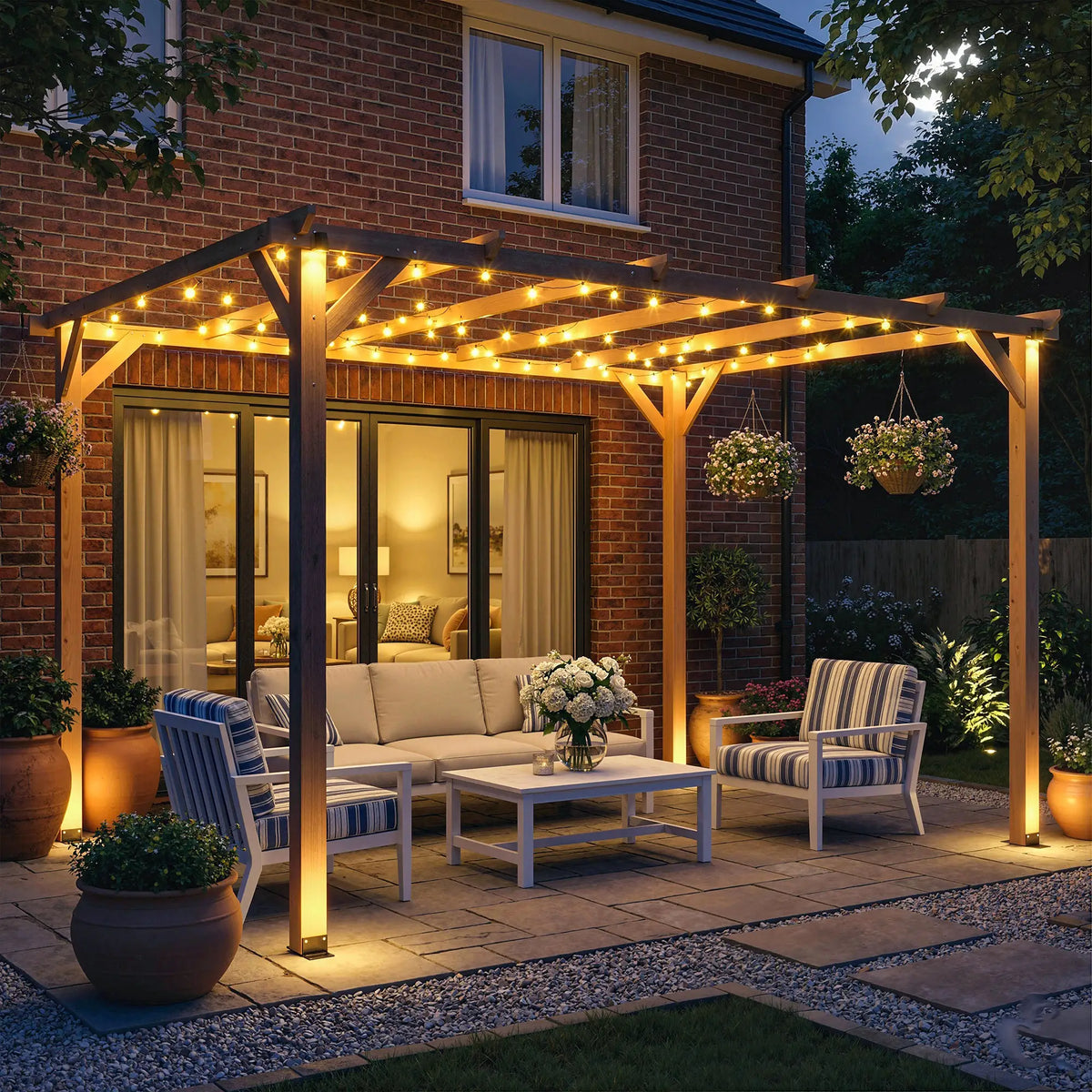 4x3m Wooden Pergola Kit with Triangle Supports – Garden Gazebo Grape Trellis Frame, 6 – Beam Maple Wood – Effect Design