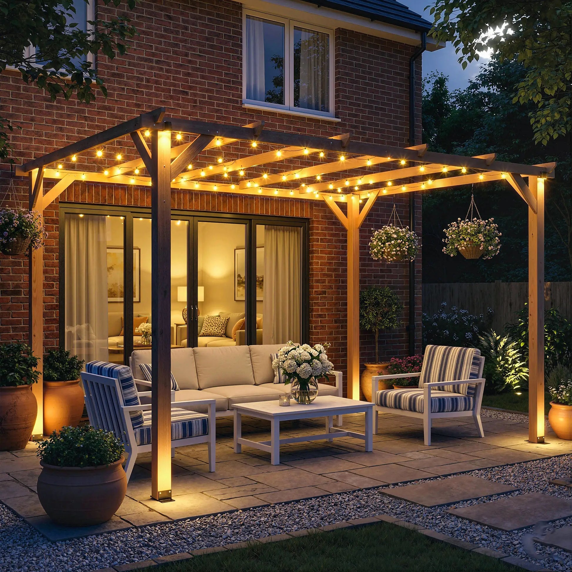 4x3m Wooden Pergola Kit with Triangle Supports – Garden Gazebo Grape Trellis Frame, 6 – Beam Maple Wood – Effect Design