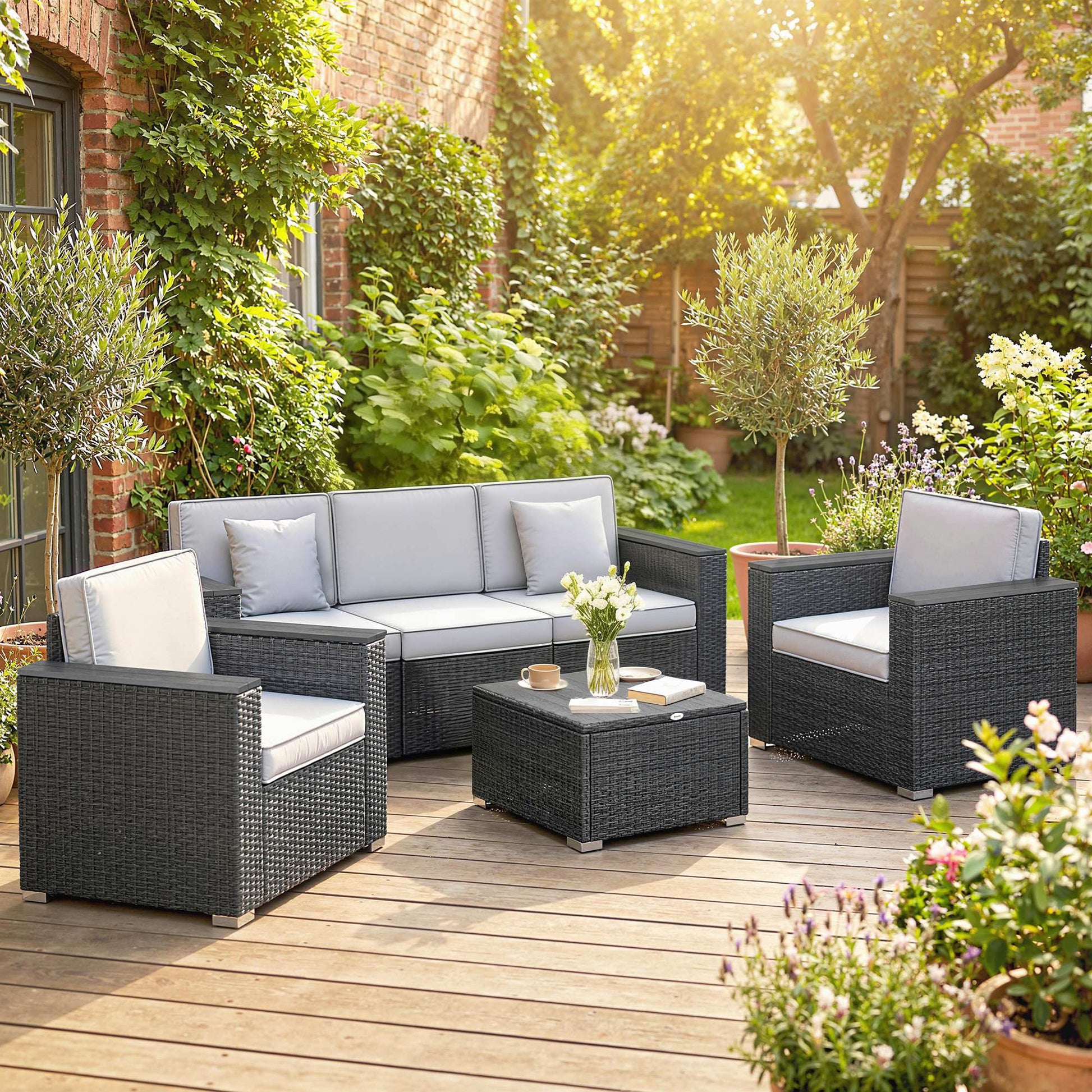 Ibiza 5 Seater Rattan Garden Furniture Set with Wide Armrests, Cushions, Pillows for Patio, Dark Grey
