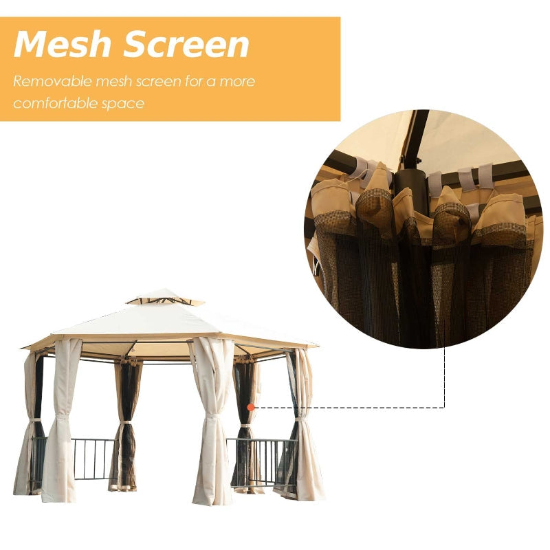 3m x 3m Beige Hexagonal Garden Gazebo with Curtains, Mesh Netting & Double-Tier Canopy