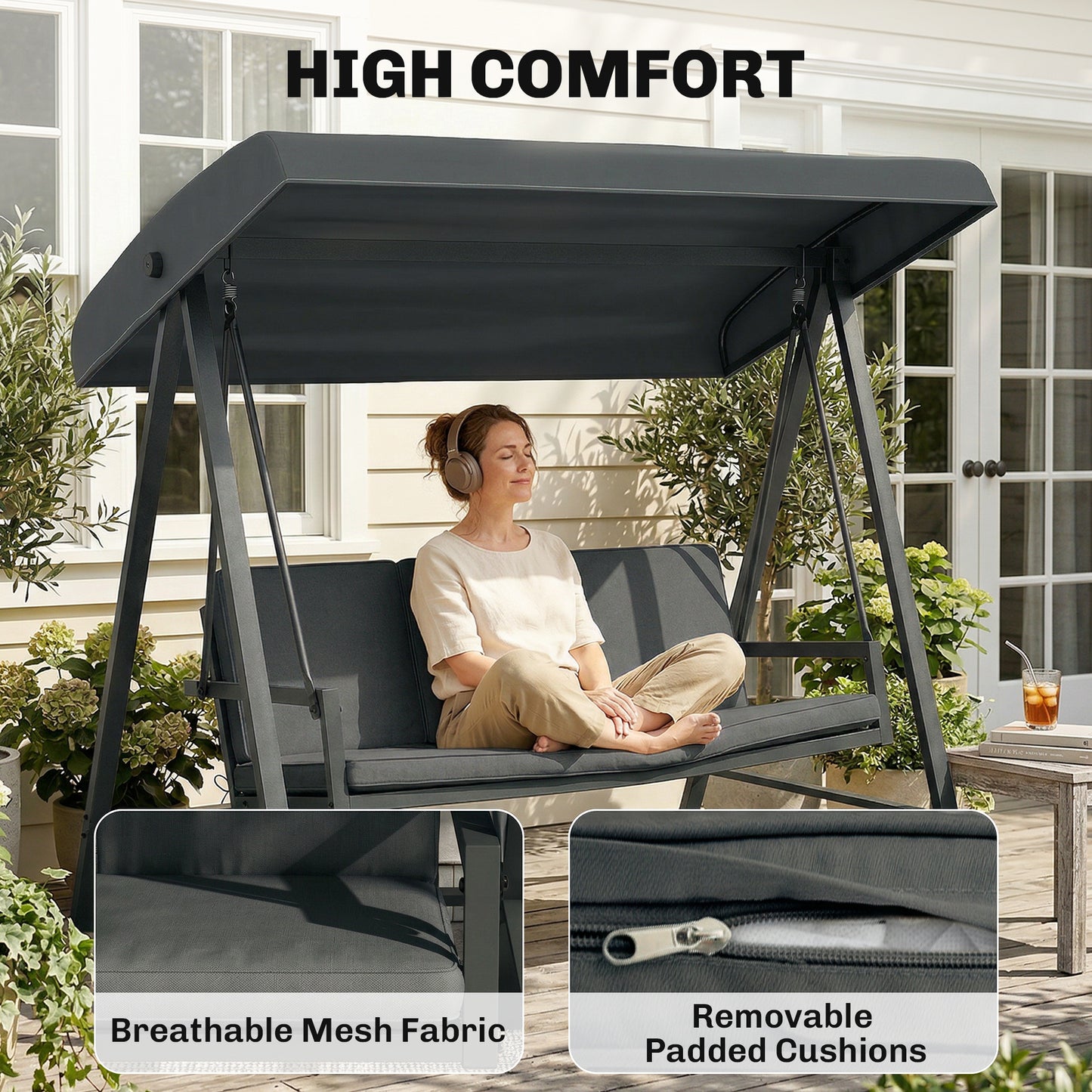 Outsunny Three-Seat Garden Swing Chair, with Adjustable Canopy - Dark Grey