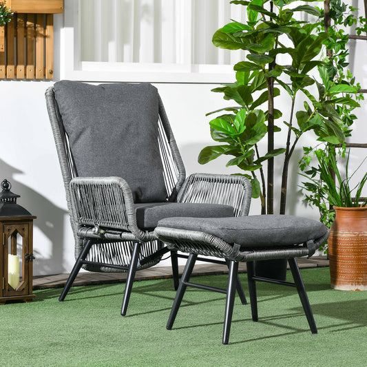 Amalfi String Rattan Armchair and Footstool Set, with Cushions - Grey