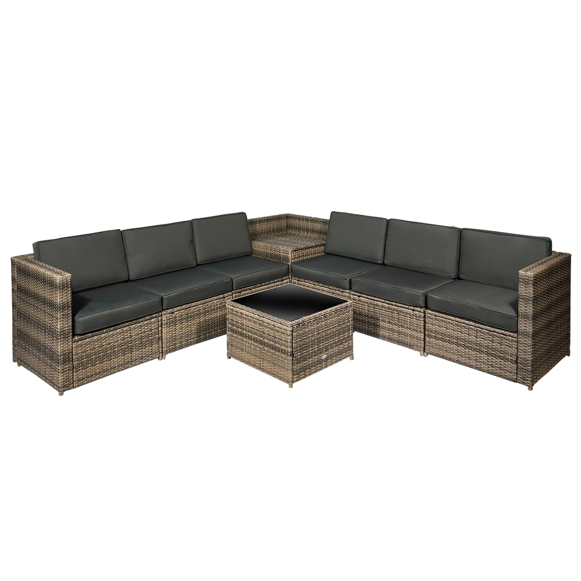 Outsunny 8 Pieces Outdoor PE Rattan Sofa Set with Cushions and Glass Top Coffee Table, Mixed Brown