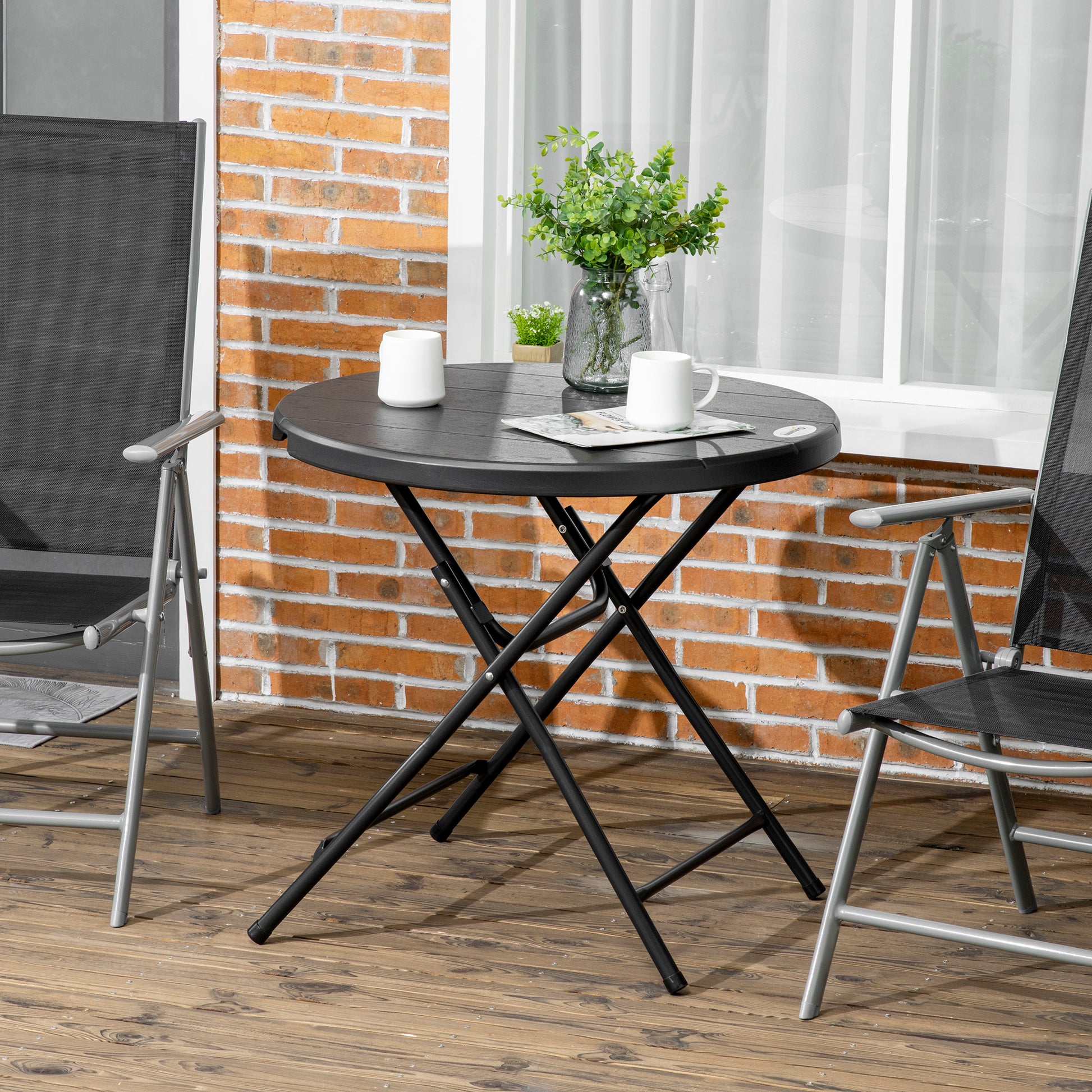 Foldable Round Garden Table for 4, Garden Dining Table with HDPE Tabletop and Steel Frame, 80 x 80 x 73 cm, Dark Grey