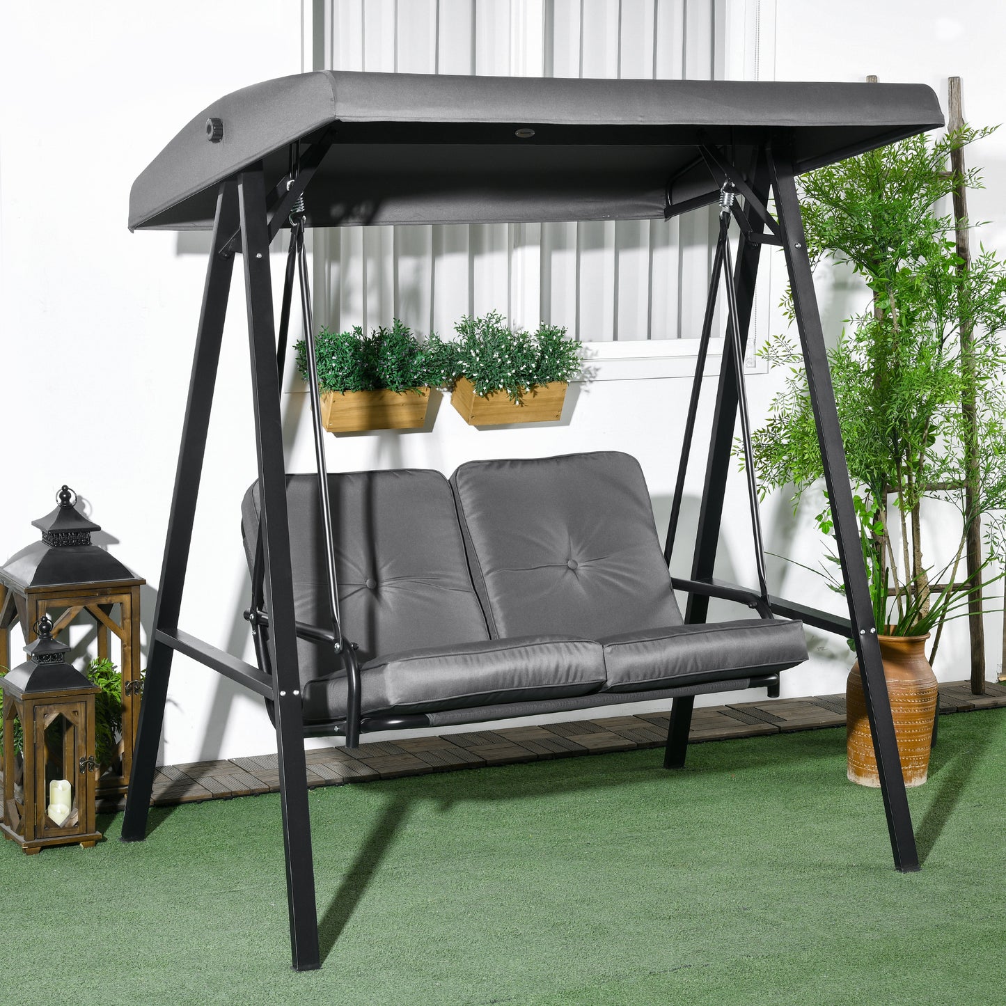 Santorini Two-Seater Garden Swing Bench, with Adjustable Canopy - Dark Grey