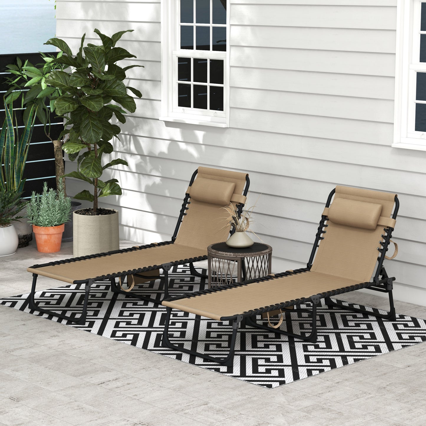 Portable Sun Lounger Set of 2, Folding Camping Bed Cot, Reclining Lounge Chair 5-position Adjustable Backrest with Side Pocket, Pillow for Patio