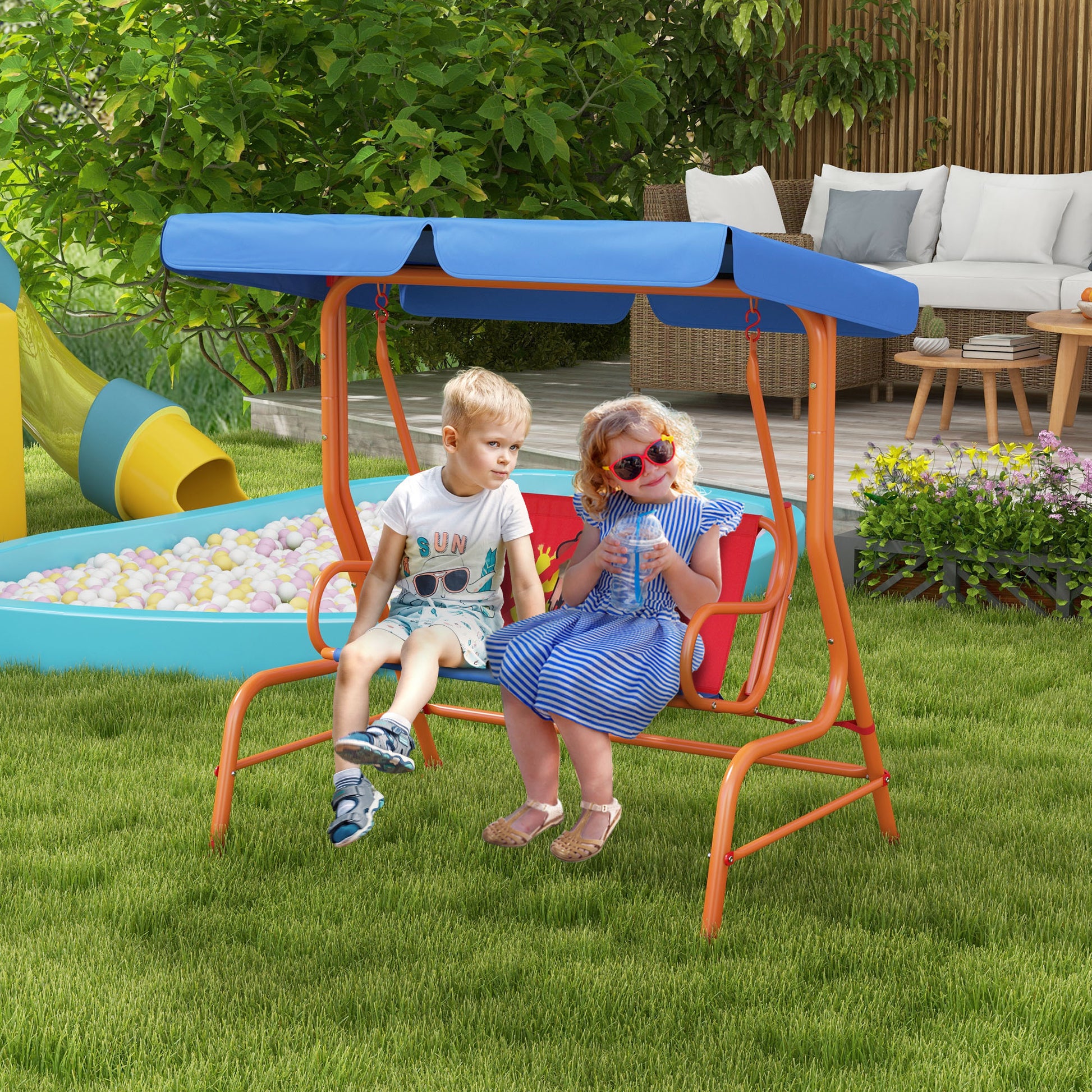 Amalfi Two Seater Kids Garden Swing, Cowboy Themed kids Swing Chair with Adjustable Canopy, Safety Belts Use
