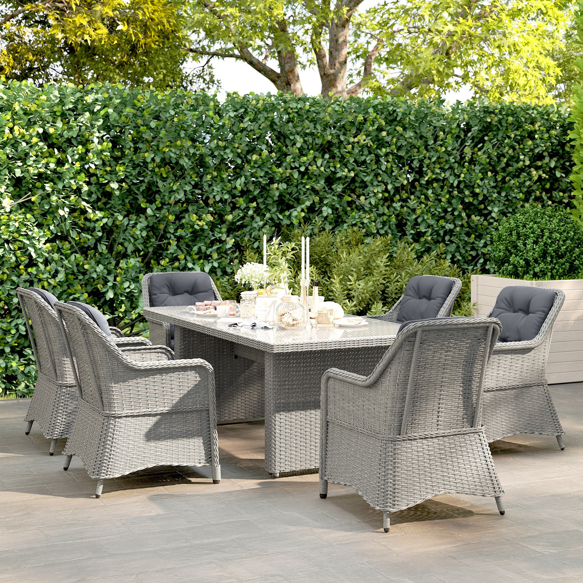 Outsunny 6 Seater Rattan Garden Dining Set with Cushions, Aluminium Outdoor Patio Furniture Set for Garden Gatherings & Outdoor Dining, Mixed Grey