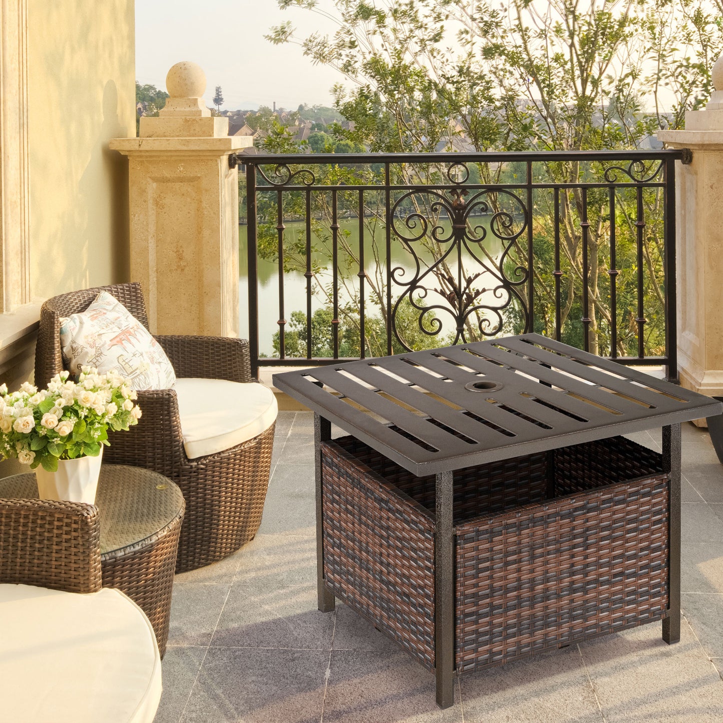 Santorini Rattan Garden Coffee Table, 55.5 cm Square Wicker Patio Side Coffee Table with 4 cm Umbrella Hole