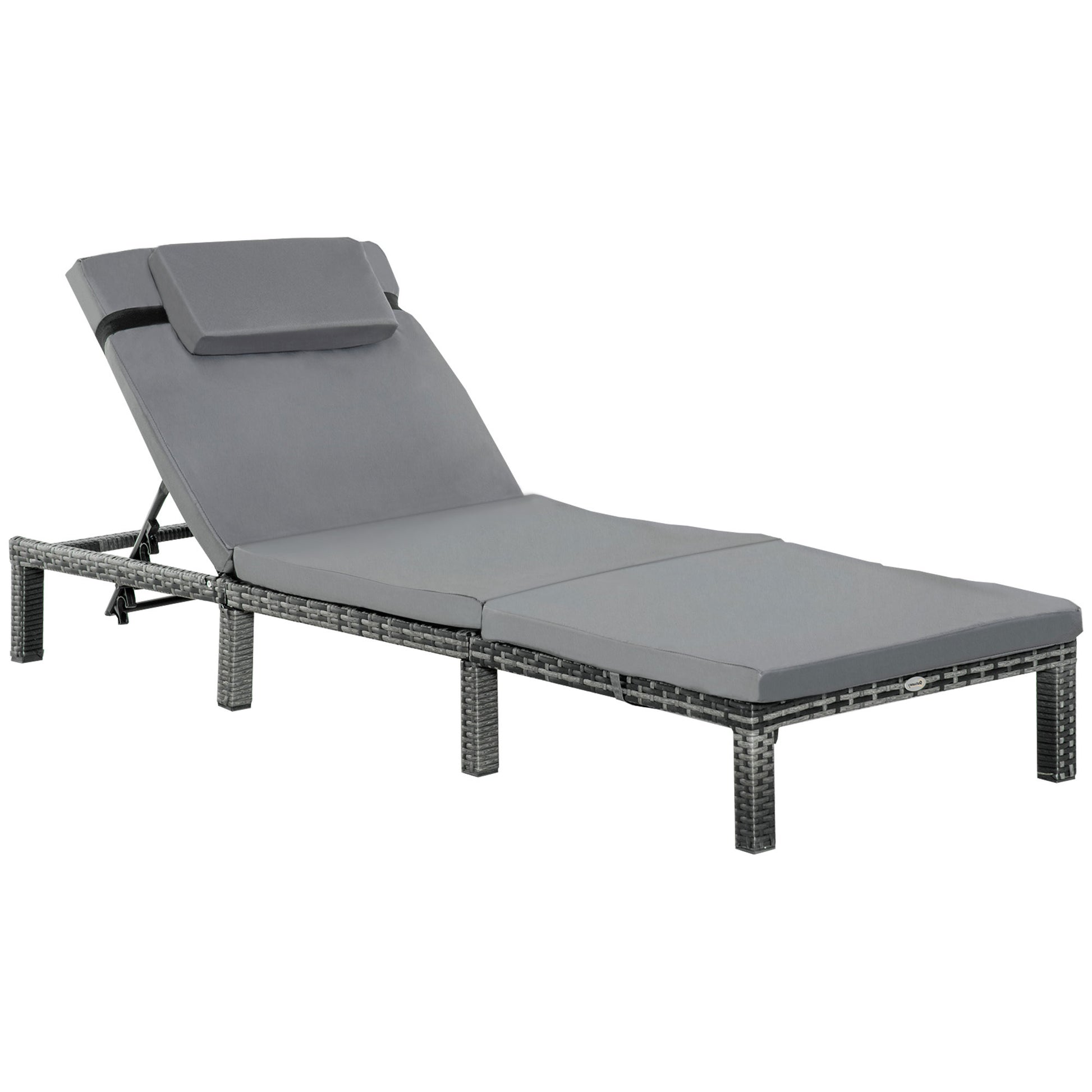 Outsunny Rattan Sun Lounger, 5-Level Adjustable Garden Lounger Recliner with Cushion and Headrest, Outdoor Reclining Sunbed, Steel Frame Garden Chair for Patio, Beach, Terrace, Dark Grey