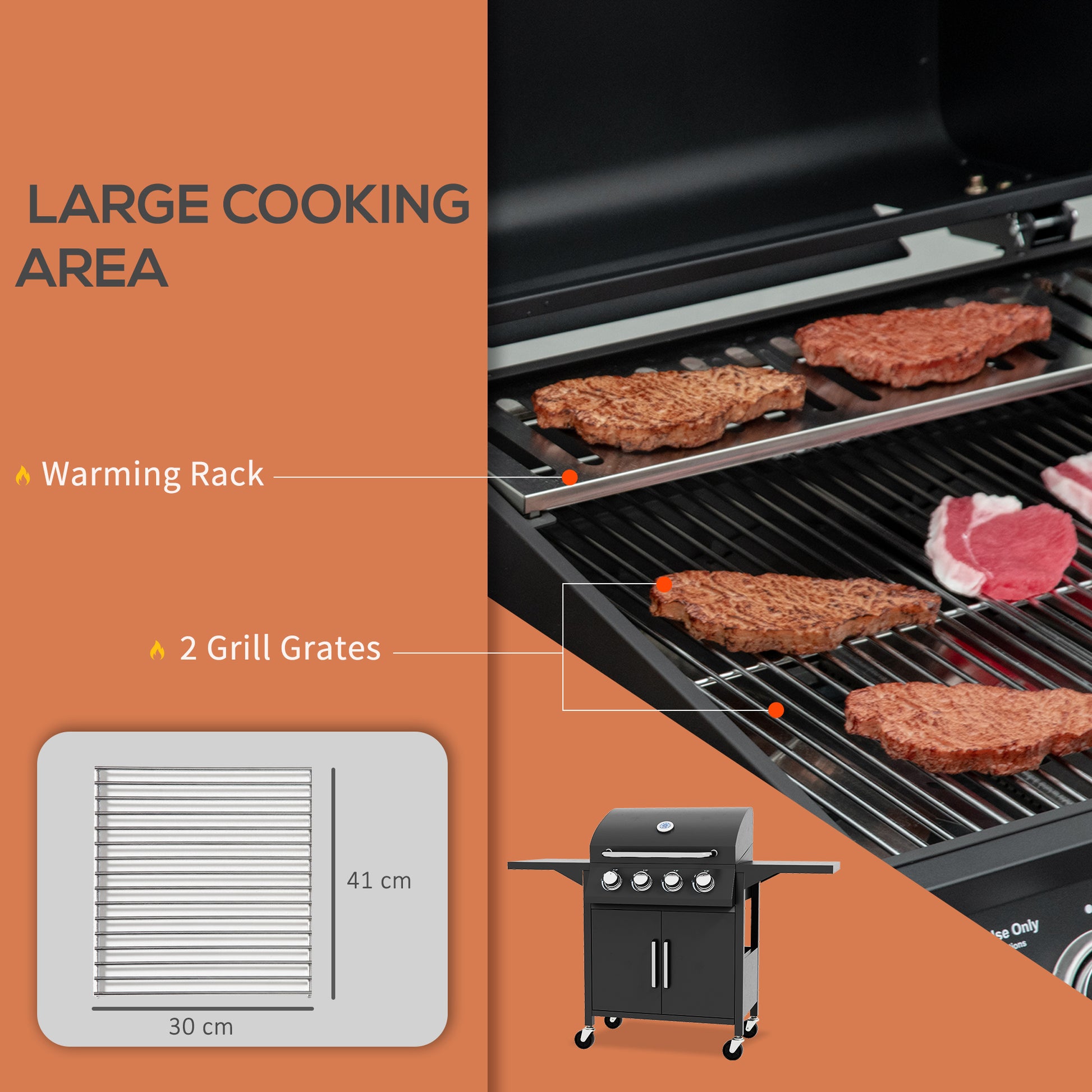 Outsunny 4 Burner Gas BBQ Grill Outdoor 11.6 kW Portable Barbecue Trolley w/ Warming Rack, Side Shelves, Cabinet