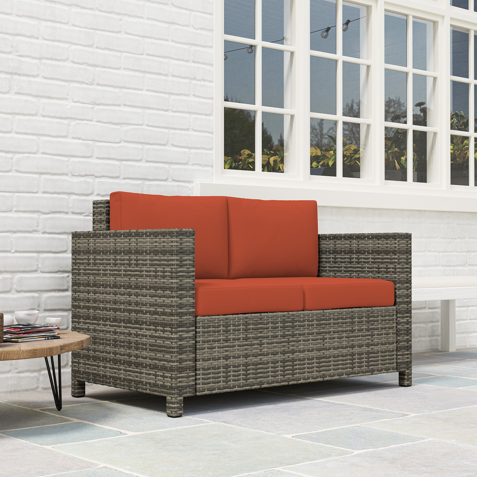 Outsunny Rattan Sofa, 2 Seater Garden Furniture with Soft Padded Cushion and Armrests, Wicker Garden Loveseat for Patio, Grey