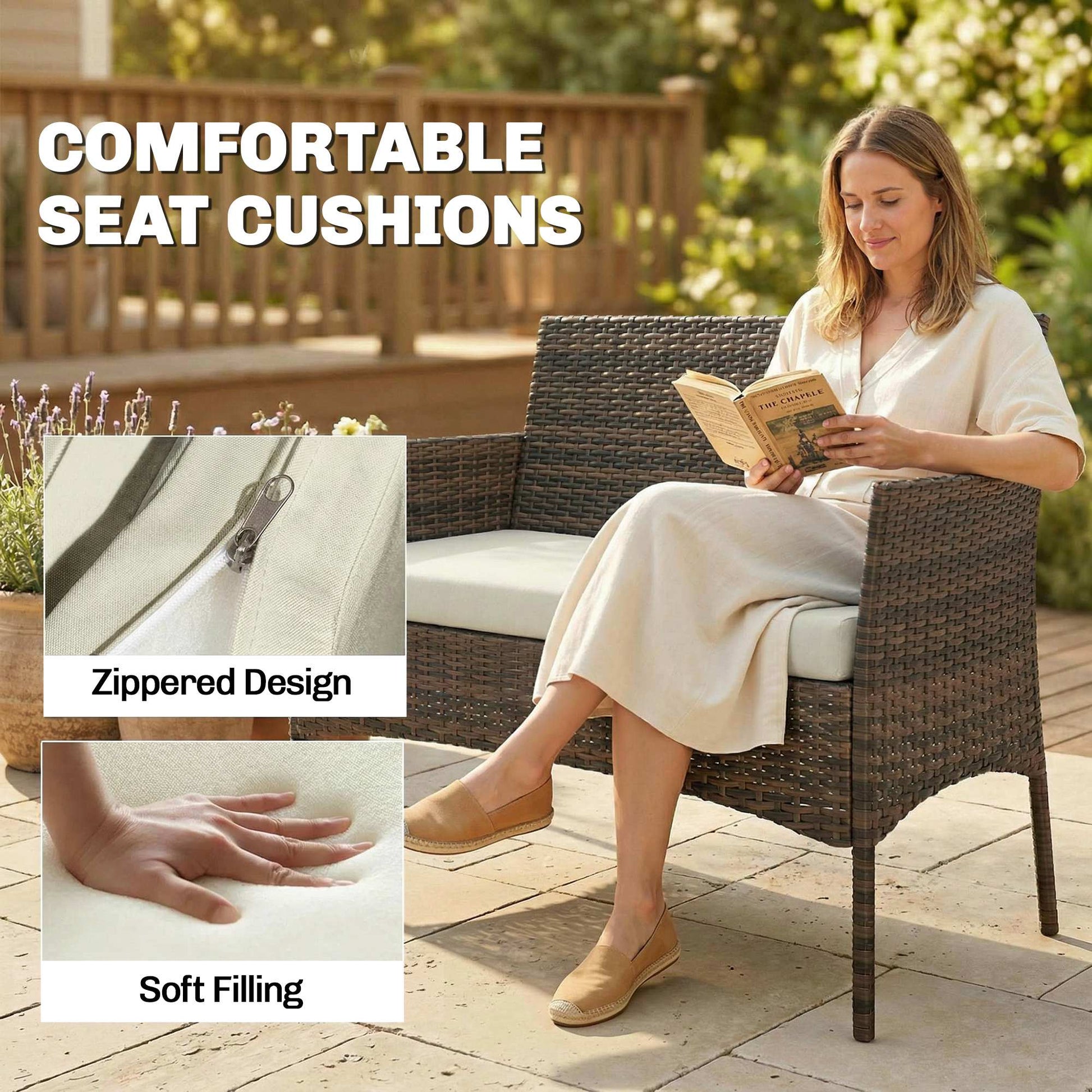 Outsunny 4 Piece Rattan Garden Furniture Sofa Set with Loveseat, Armchairs, Glass-Top Coffee Table and Cushions, Brown
