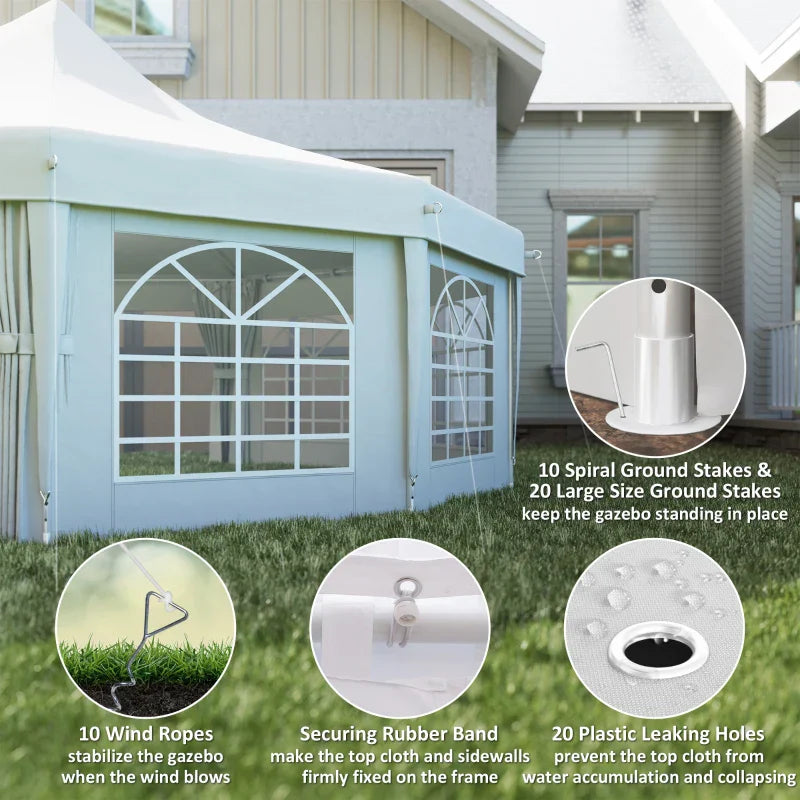 8.9m x 6.5m Premium 10 – Sided Garden Marquee Gazebo – Steel Frame Outdoor Party Tent with Windows