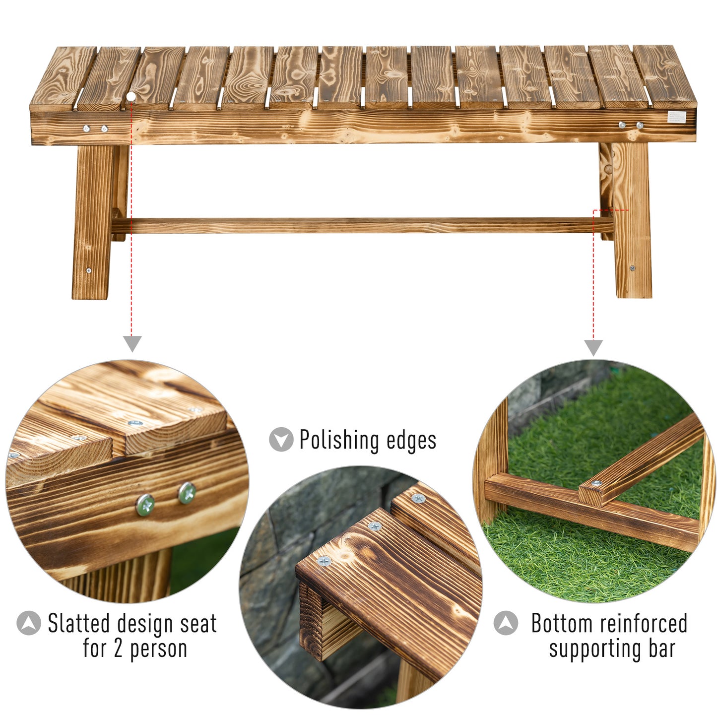 Outsunny Wooden Garden Benches, 2 Seater Outdoor Benches, Fir Wood Backless Patio Loveseat with Slatted Seat for Park, 110 x 38 x 35 cm, 5 Pieces, Carbonised
