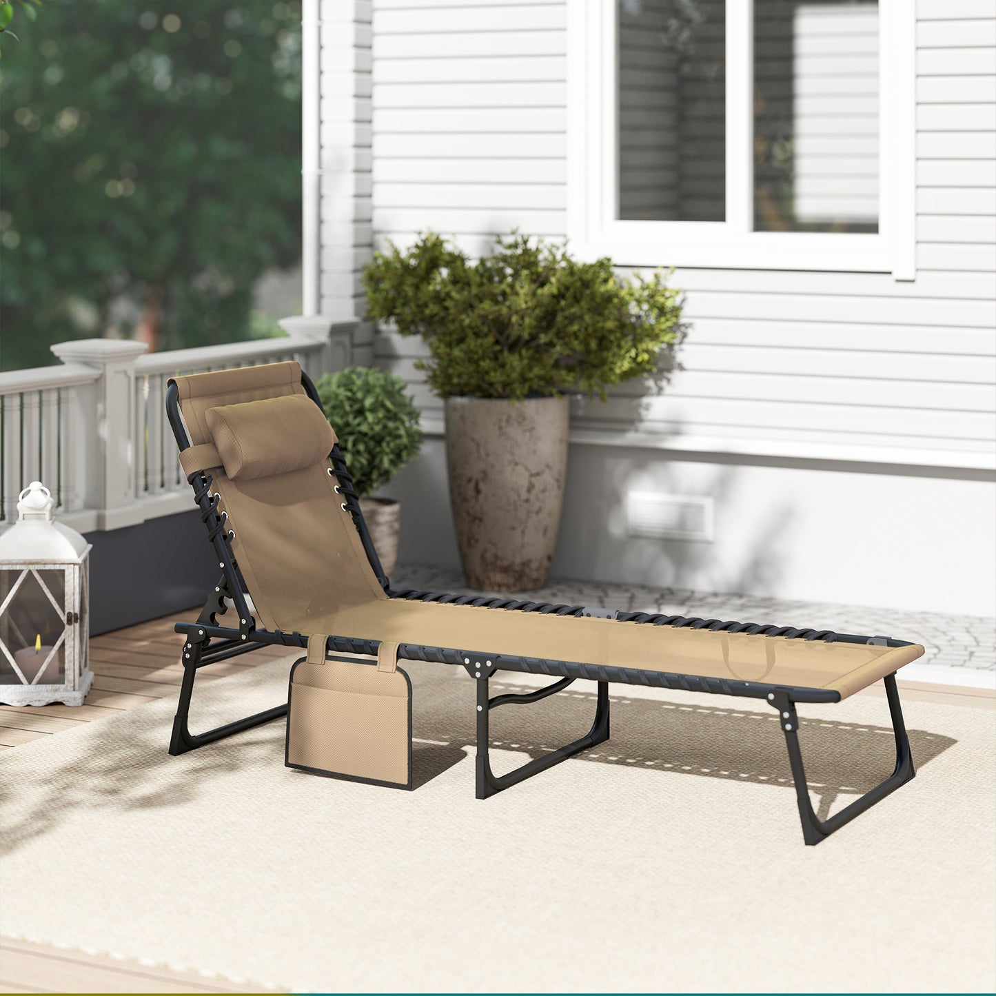 Outsunny Portable Sun Lounger, Folding Camping Bed Cot, Reclining Lounge Chair 5-position Adjustable Backrest with Side Pocket, Pillow for Patio Garden Beach Pool, Beige