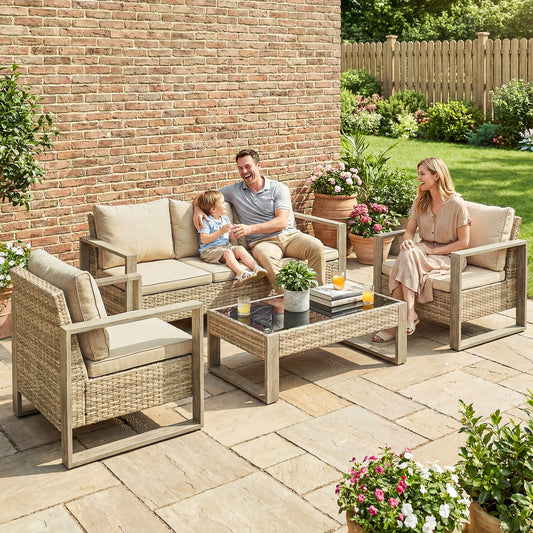 Riviera Rattan Garden Set, 4 Piece Rattan Garden Furniture Set with 3-Seater Sofa, Armchairs, Table