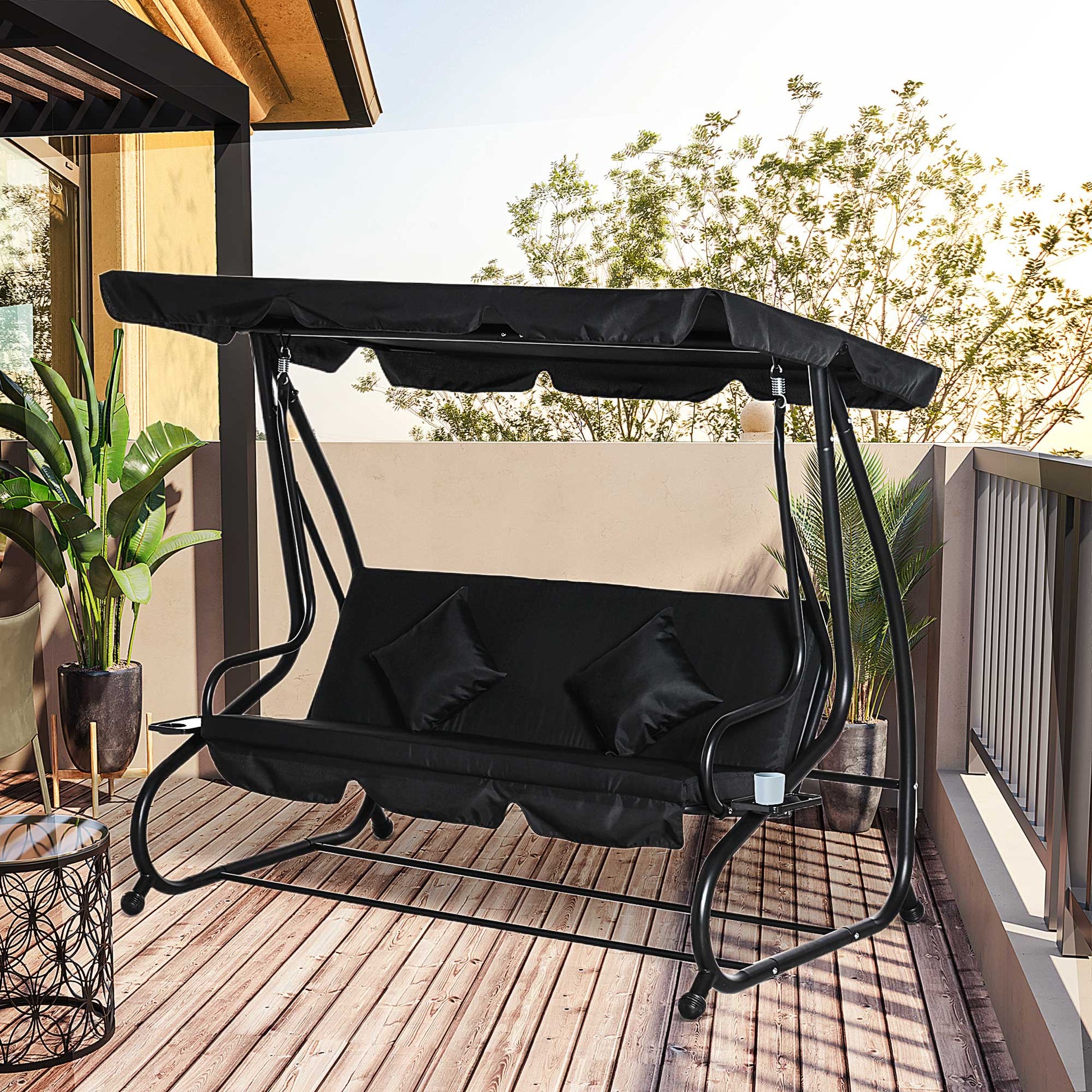Ibiza Three-Person garden Swing Chair, with Adjustable Canopy - Black