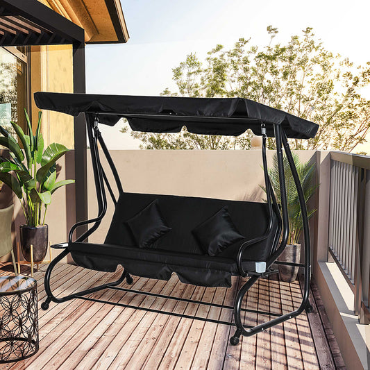 Ibiza Three-Person garden Swing Chair, with Adjustable Canopy - Black