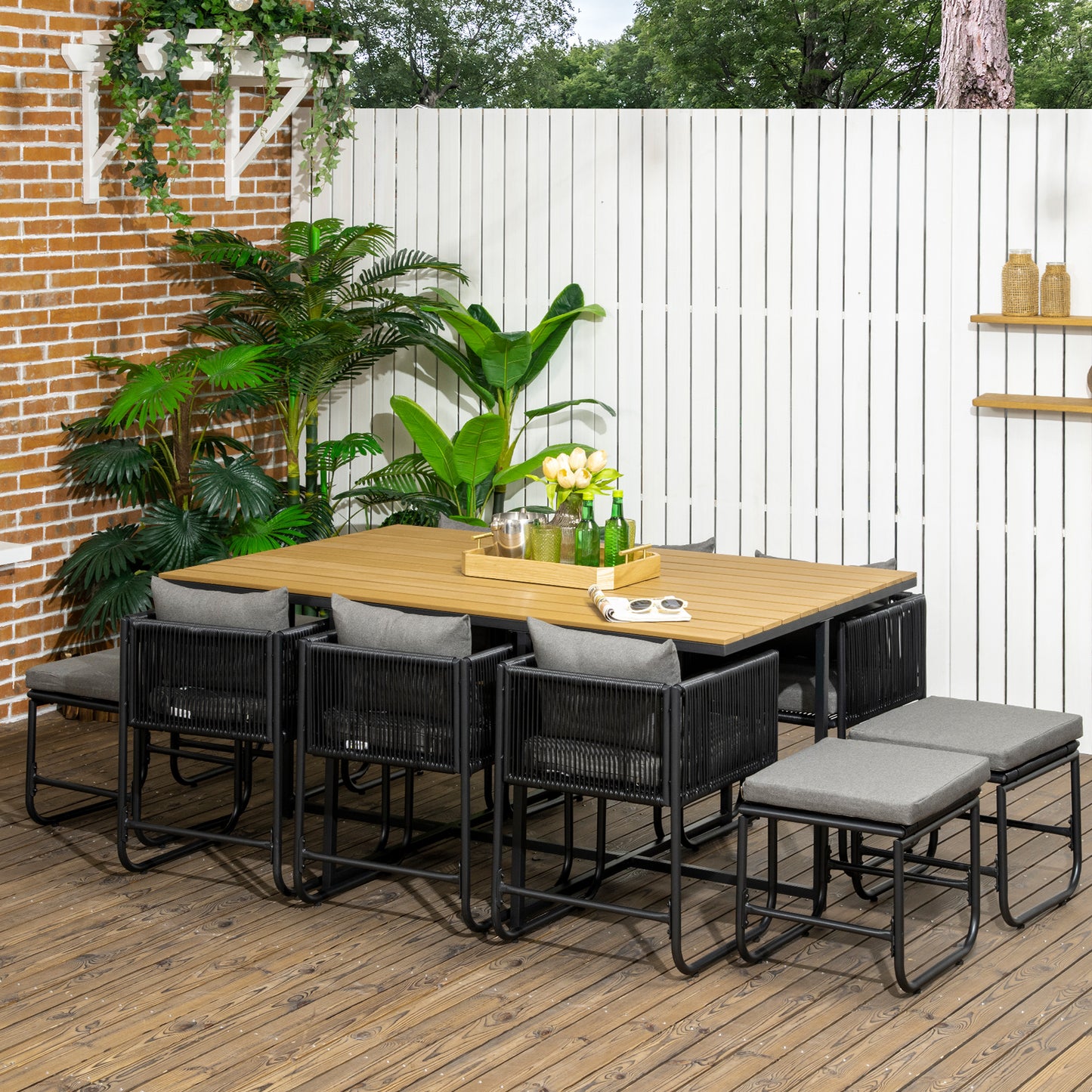 10 Seater Rattan Cube Garden Furniture Set with Wood Grain Plastic Top Table, Black