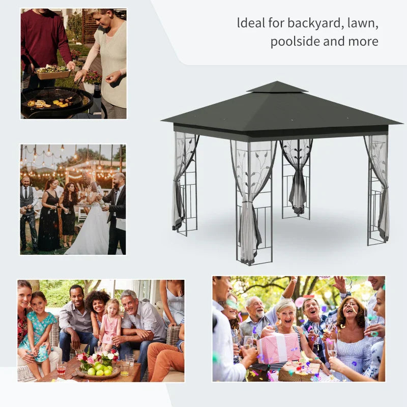 3m x 3m Grey Steel Frame Garden Gazebo – Double Tier Canopy Shelter with UV Protection, Mesh Curtains & Outdoor Party Pavilion