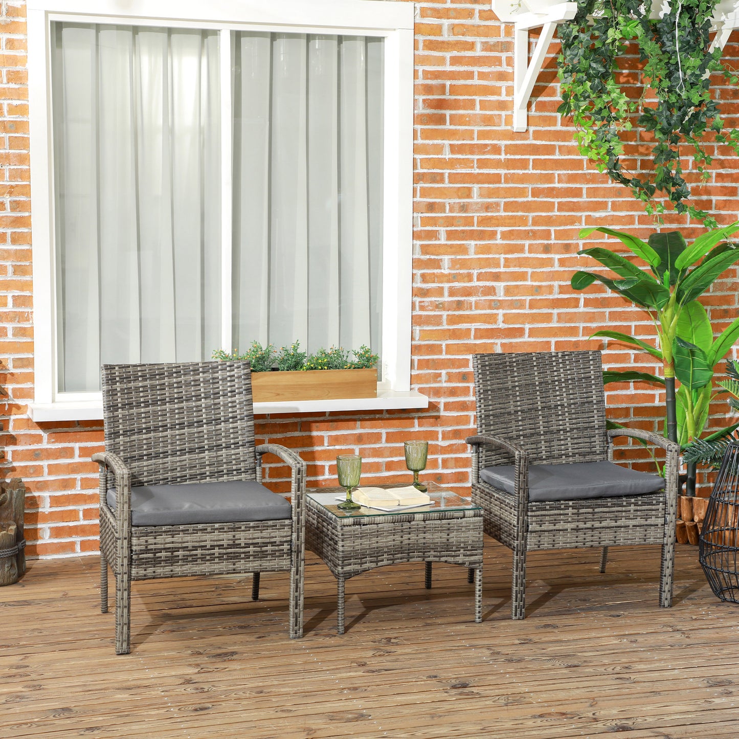 Marbella 3 Piece Rattan Bistro Set, Wicker Garden Furniture Set with Glass Top Coffee Table and Chairs