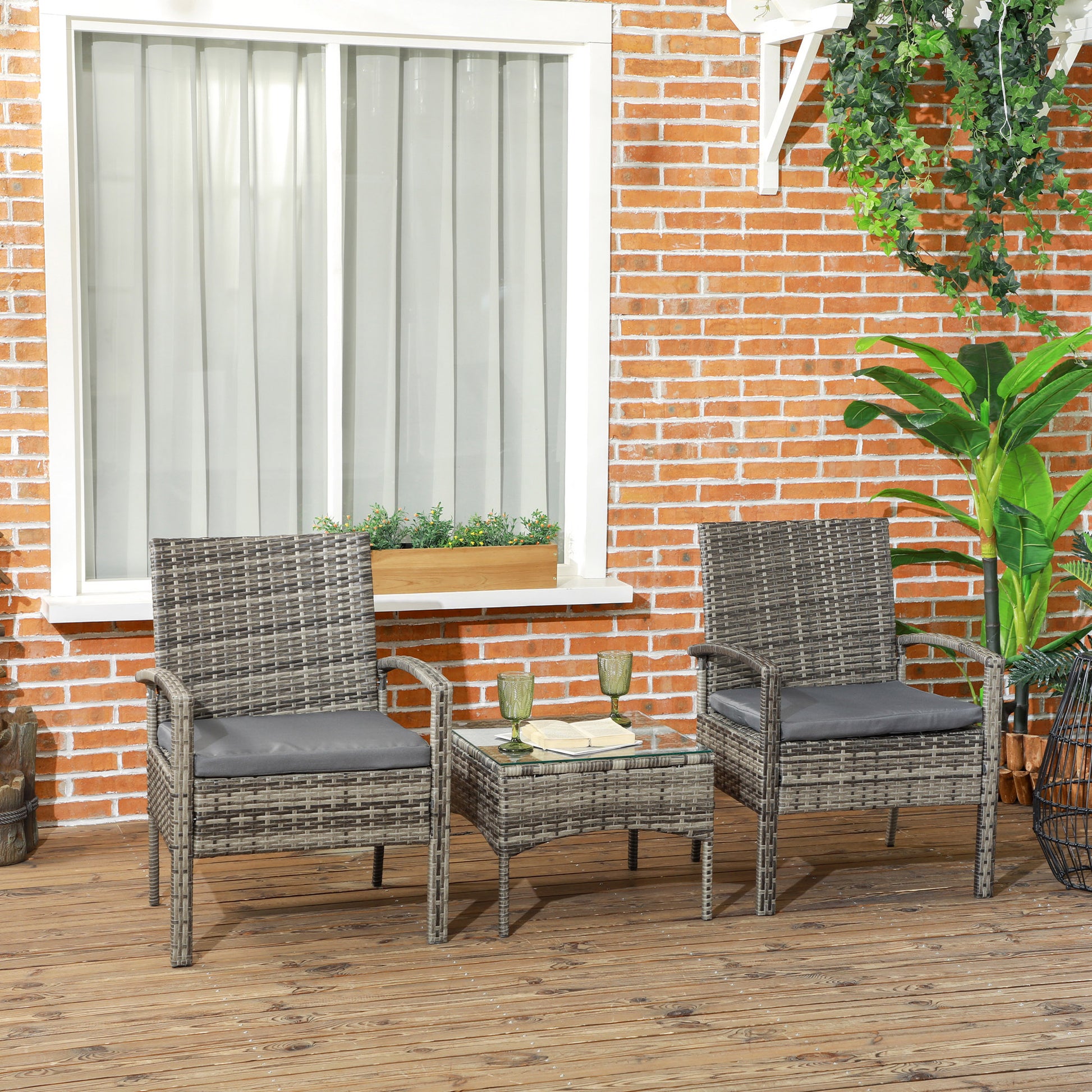 Marbella 3 Piece Rattan Bistro Set, Wicker Garden Furniture Set with Glass Top Coffee Table and Chairs