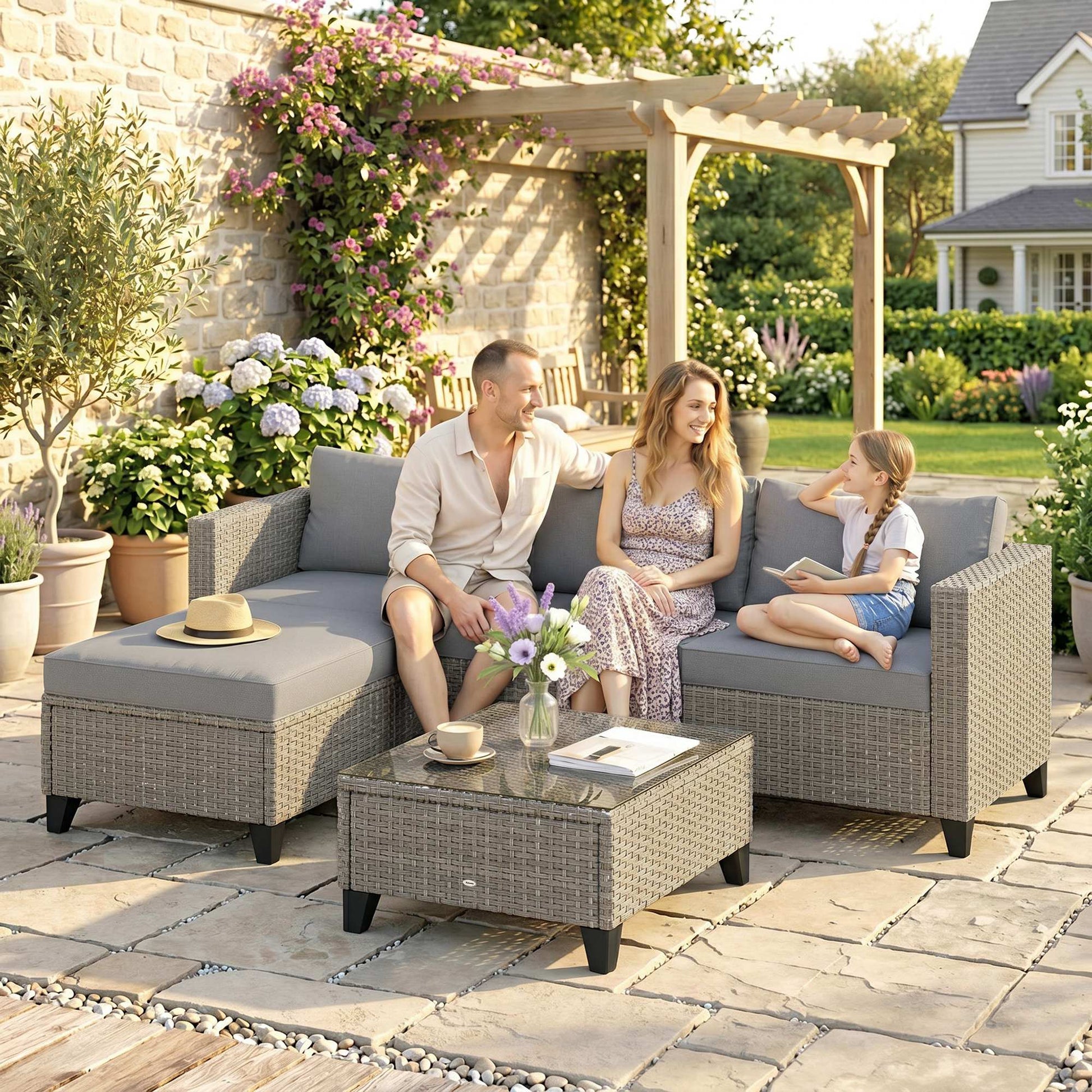 Outsunny 5-Piece Rattan Patio Furniture Set with Corner Sofa, Footstools, Coffee Table, for Poolside, Brown