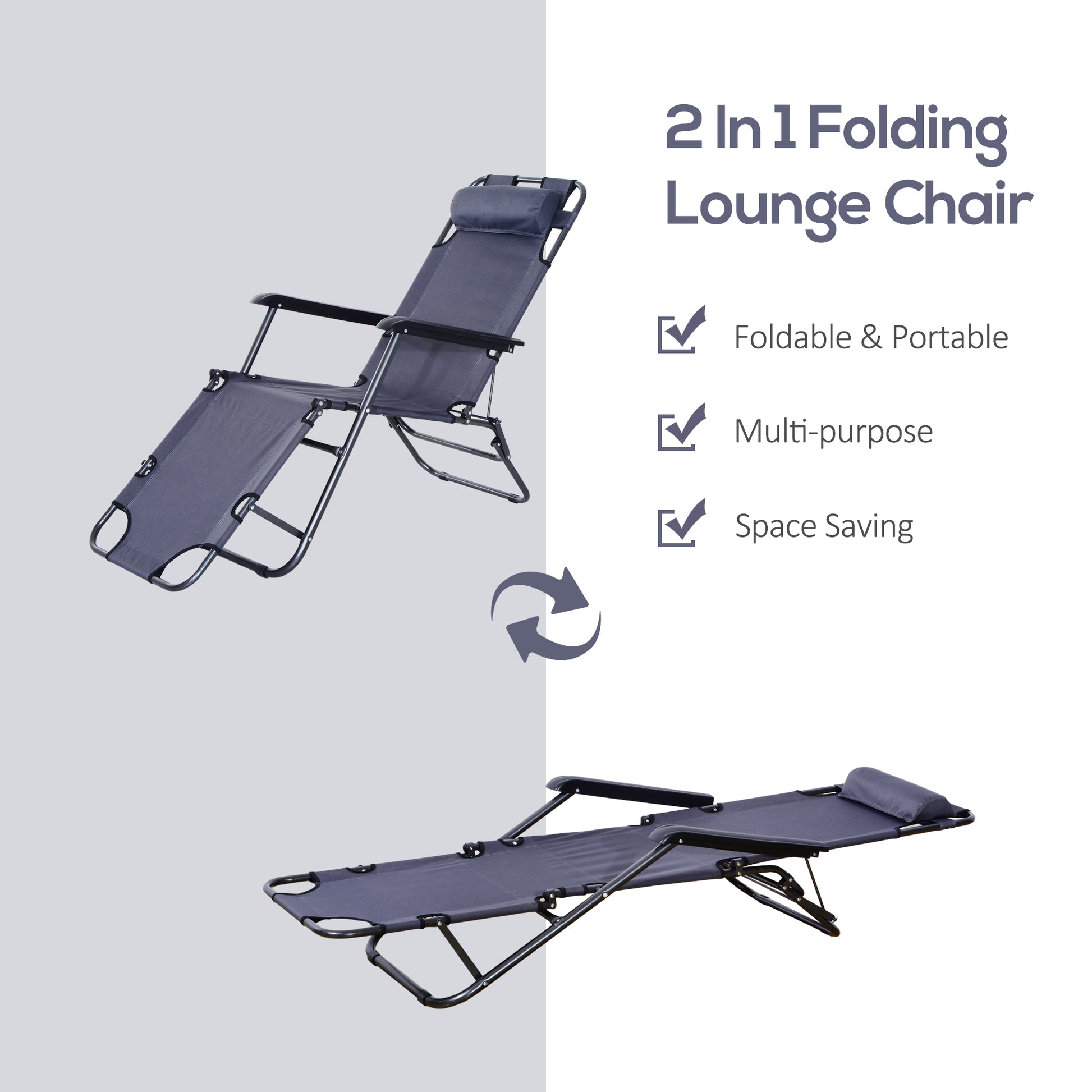 Outsunny 2 in 1 Folding Sun Lounger Reclining Garden Chair Set of 2 with 2-Level Adjustable Backrest, Outdoor Zero Gravity Recliner Garden Chairs with Head Pillow and Armrests, Grey