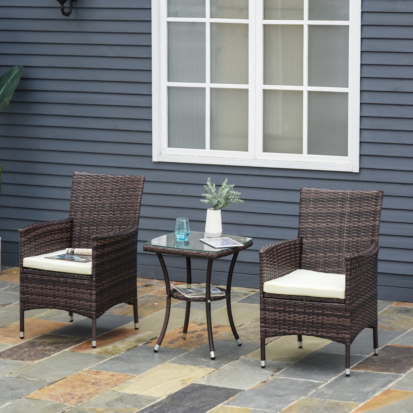 Mediterraneo Three-Piece Rattan Chair Set, with Cushions - Brown