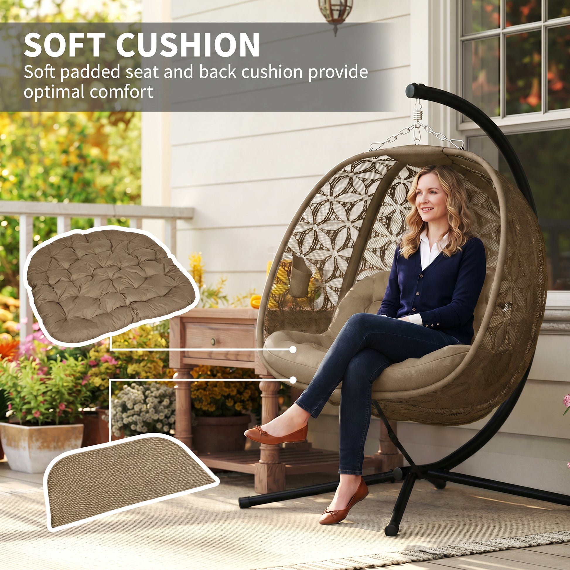Outsunny Outdoor Double Hanging Chair with Cushion and Cup Holders, Sand Brown
