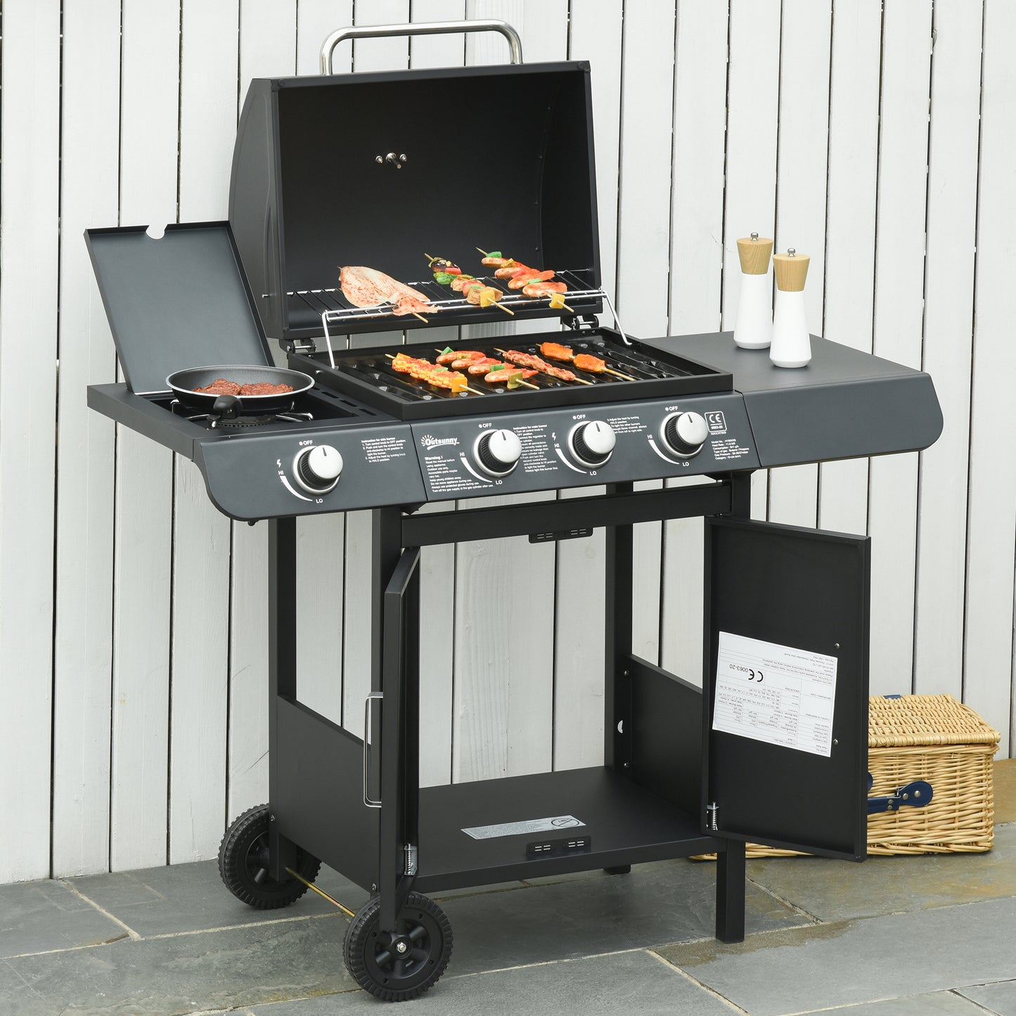 3+1 Burner Gas BBQ, Outdoor Barbecue Trolley with Wheels, Warming Rack, Side Shelves, Cabinet, Thermometer for Garden, Party, Camping, 110L x