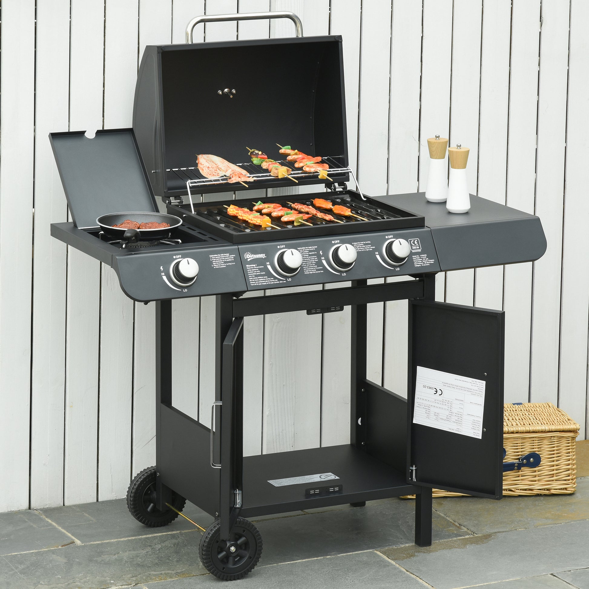3+1 Burner Gas BBQ, Outdoor Barbecue Trolley with Wheels, Warming Rack, Side Shelves, Cabinet, Thermometer for Garden, Party, Camping, 110L x