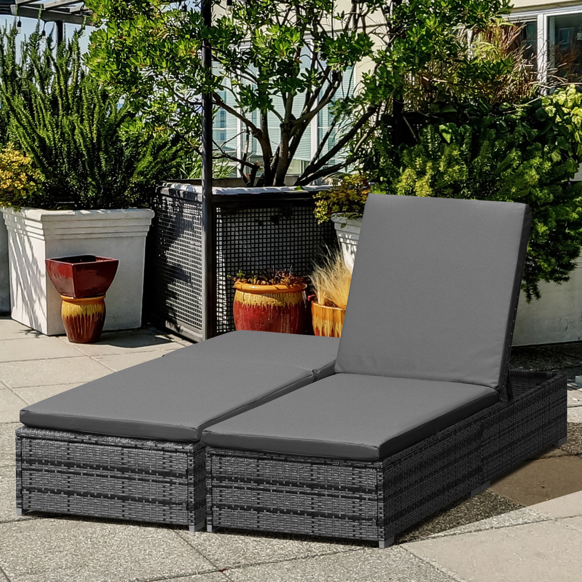 Sorrento PE Rattan Sun Loungers with Cushion, Garden Sunbed Furniture with 5-Level Recliner Backrest, and Armrest