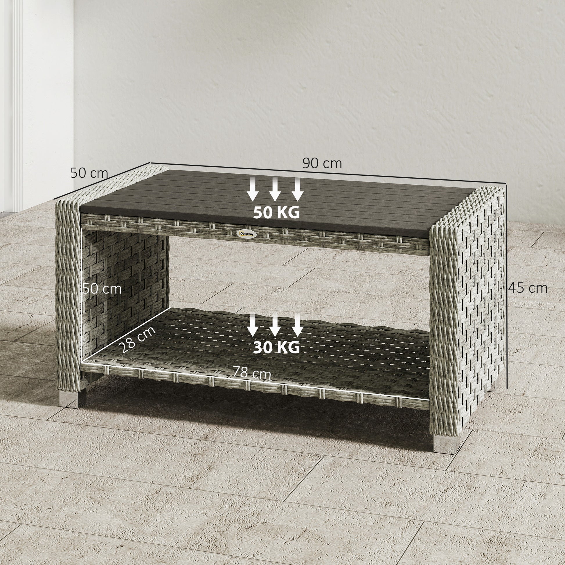 Outsunny Outdoor Coffee Table with Storage Shelf, PE Rattan Side Table with Slatted Top and Foot Pads, Grey