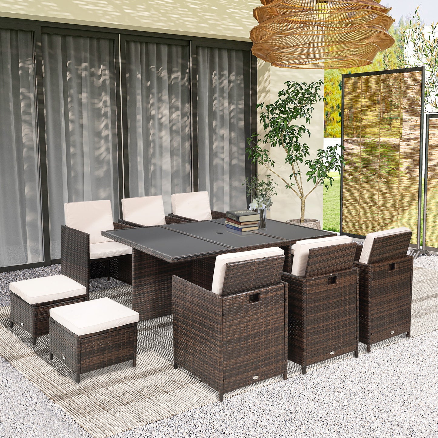 Santorini 10 Seater Rattan Cube Garden Furniture Set with Parasol Hole, Rattan Dining Set with Cushions