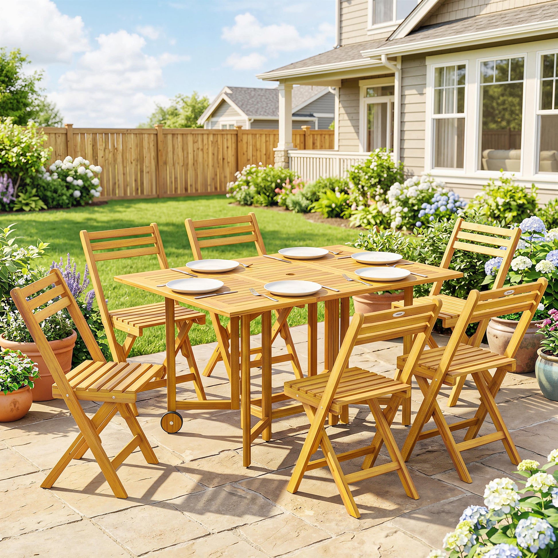 Riviera 7 Piece Garden Dining Set, Extending Dining Table and 6 Folding Chairs with Umbrella Hole for Patio