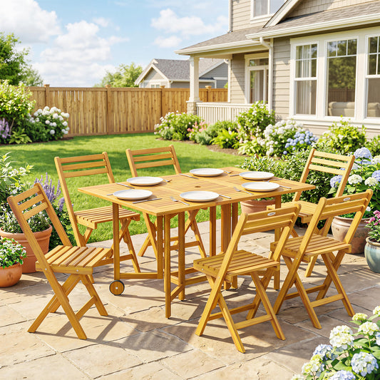Riviera 7 Piece Garden Dining Set, Extending Dining Table and 6 Folding Chairs with Umbrella Hole for Patio
