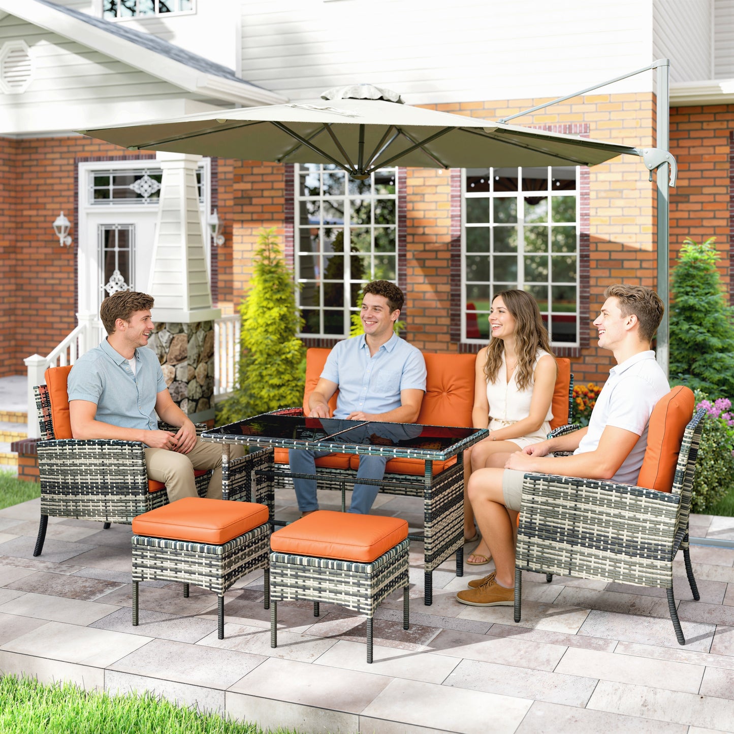 Ibiza 6 Piece Rattan Garden Furniture Set with Dining Table and Cushions, Orange